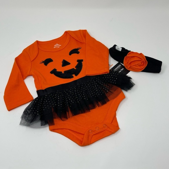 HALLOWEEN COSTUME PUMPKIN LONG SLEEVE TUTU W/ HEAD BAND 0-3 MONTHS - Picture 1 of 8